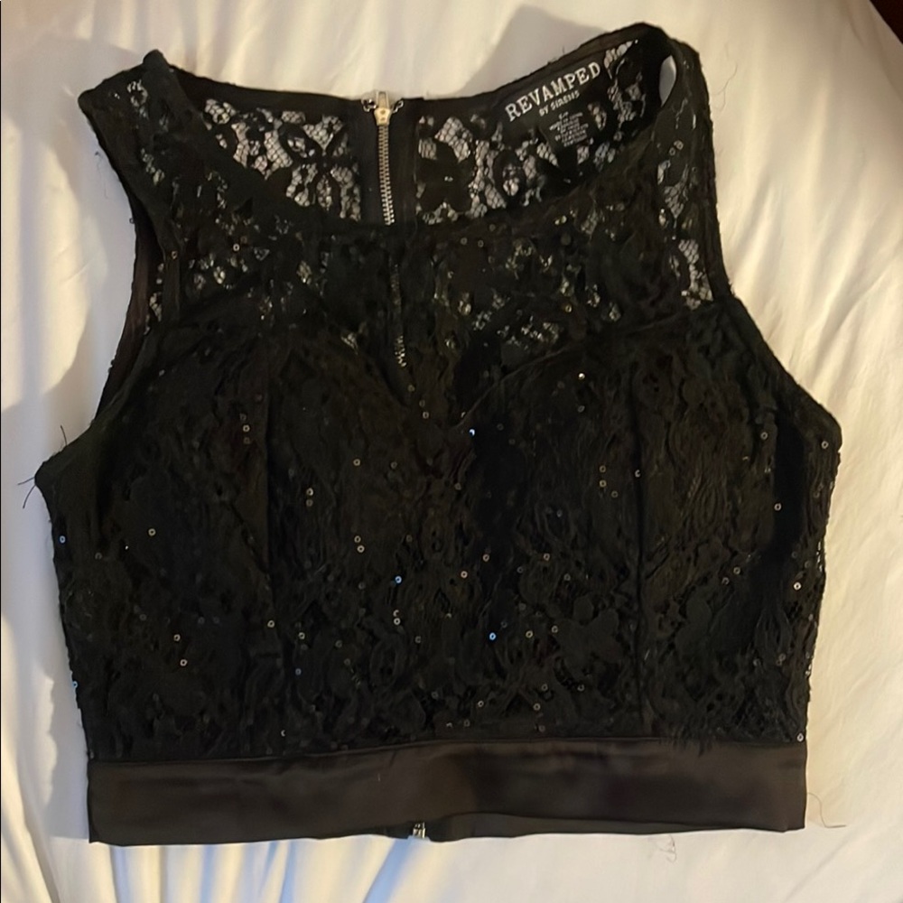 Revamped Black Lace Sequin Crop Top